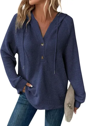 Hoodies for Women Fall Outfits for Women 2024 Waffle Knit Drawstring Button V Neck Sweatshirt Long Sleeve Tops