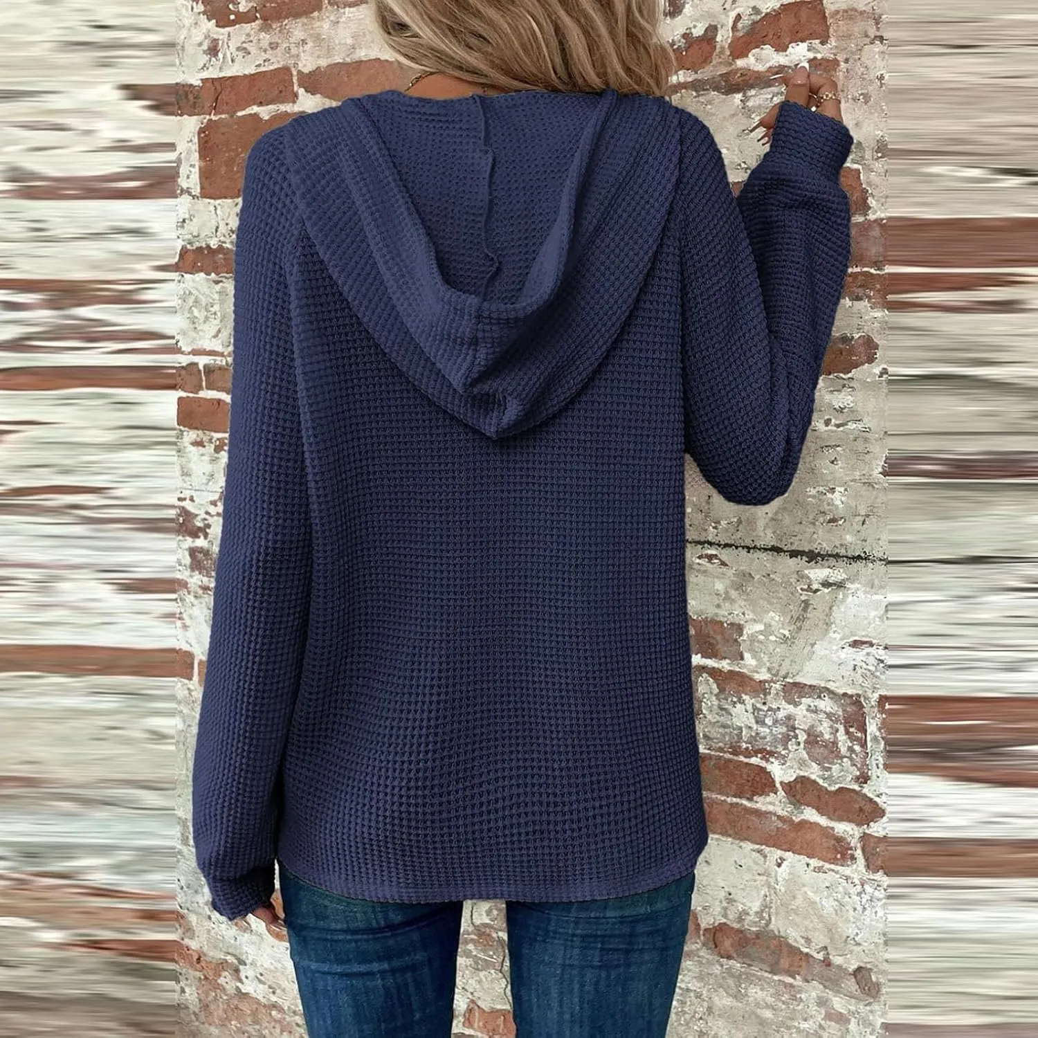 Hoodies for Women Fall Outfits for Women 2024 Waffle Knit Drawstring Button V Neck Sweatshirt Long Sleeve Tops