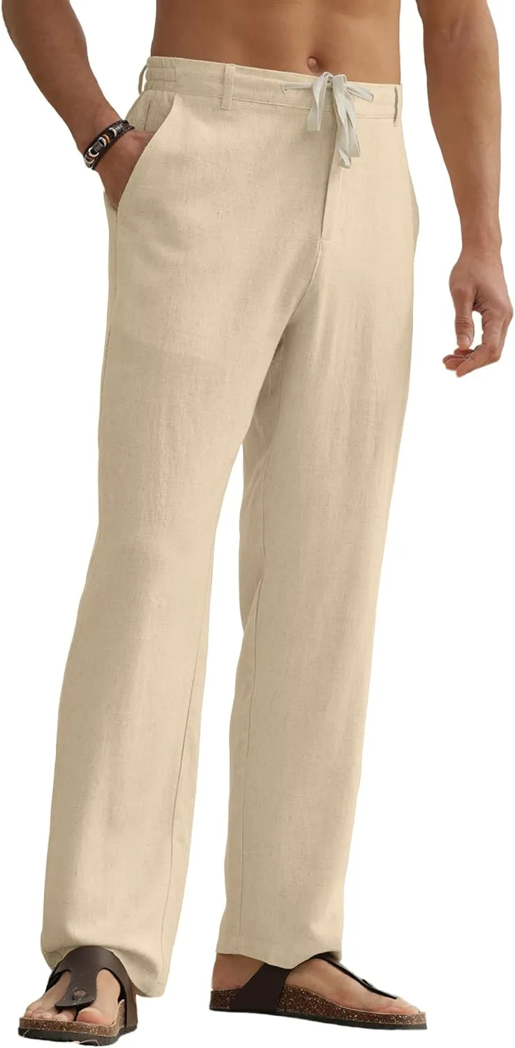 HOTake Men's Linen Pants Casual Beach Summer Vacation Linen Dress Pants Loose Fit