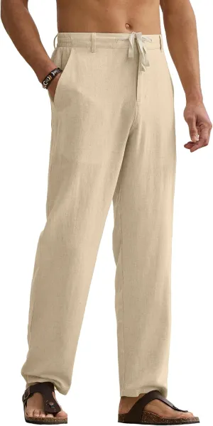 HOTake Men's Linen Pants Casual Beach Summer Vacation Linen Dress Pants Loose Fit