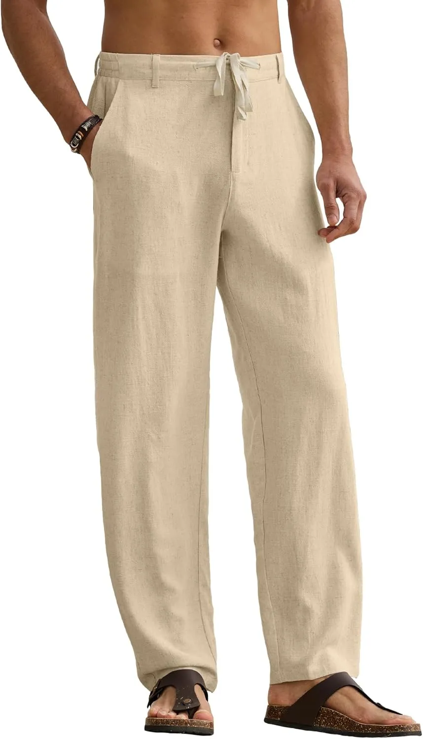 HOTake Men's Linen Pants Casual Beach Summer Vacation Linen Dress Pants Loose Fit