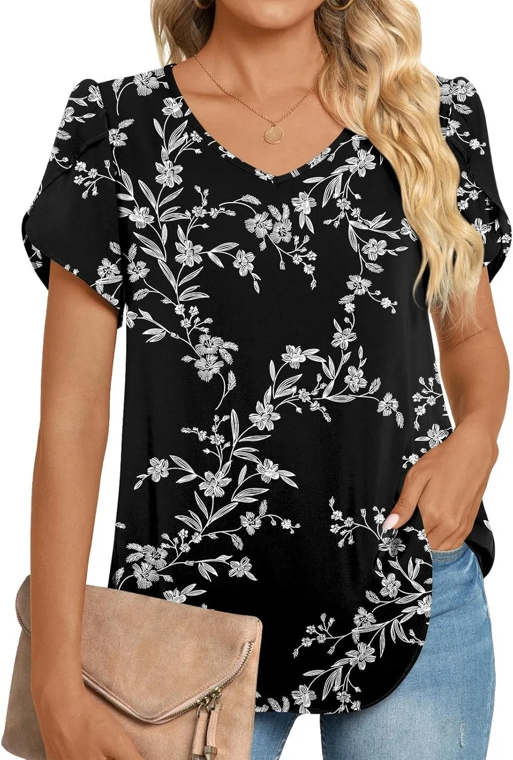 HOTGIFT Womens Tunic Tops 2025 Summer Short Sleeve V Neck Chiffon T Shirt M-3XL