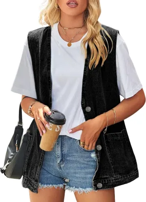 Huaqiao Womens Denim Vest Mid long Jacket Jean Sleeveless Vest with Pockets