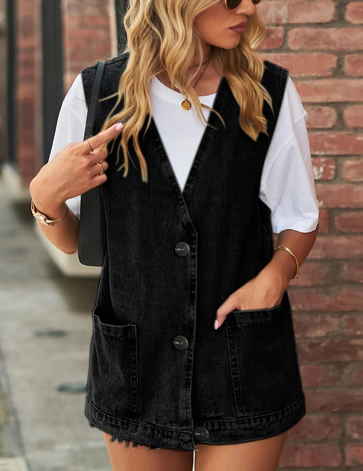 Huaqiao Womens Denim Vest Mid long Jacket Jean Sleeveless Vest with Pockets