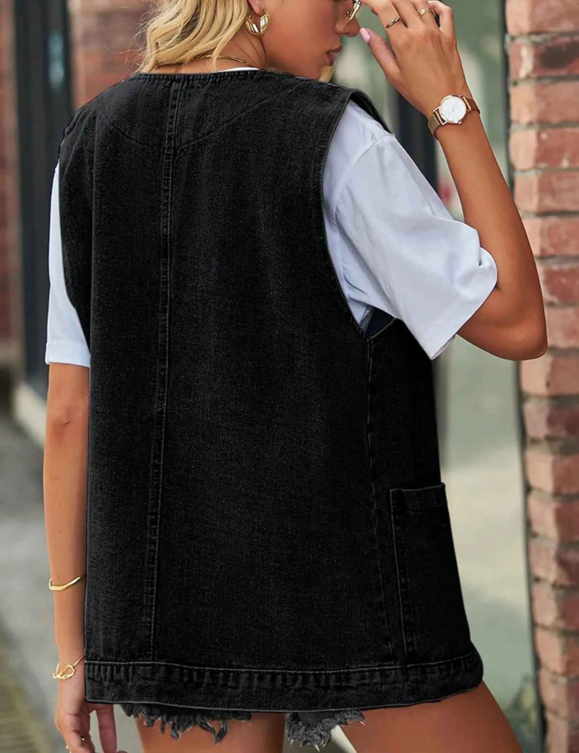 Huaqiao Womens Denim Vest Mid long Jacket Jean Sleeveless Vest with Pockets