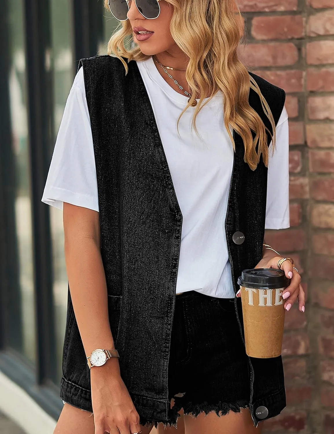 Huaqiao Womens Denim Vest Mid long Jacket Jean Sleeveless Vest with Pockets