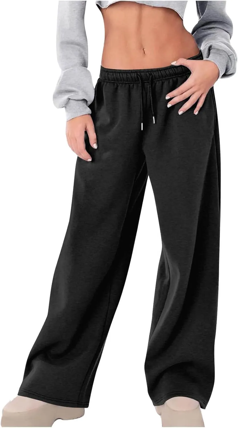 Hvyesh Sweatpants Women Baggy Wide Leg Low Rise Sweat Pants Y2k, Athletic Pants for Women Loose Fit, Comfy Fleece Lined Pants