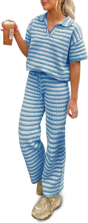 Imily Bela Womens 2 Piece Outfits Striped Short Sleeve Sweater Tops Knit Sets Wide Leg Pants Lounge Set