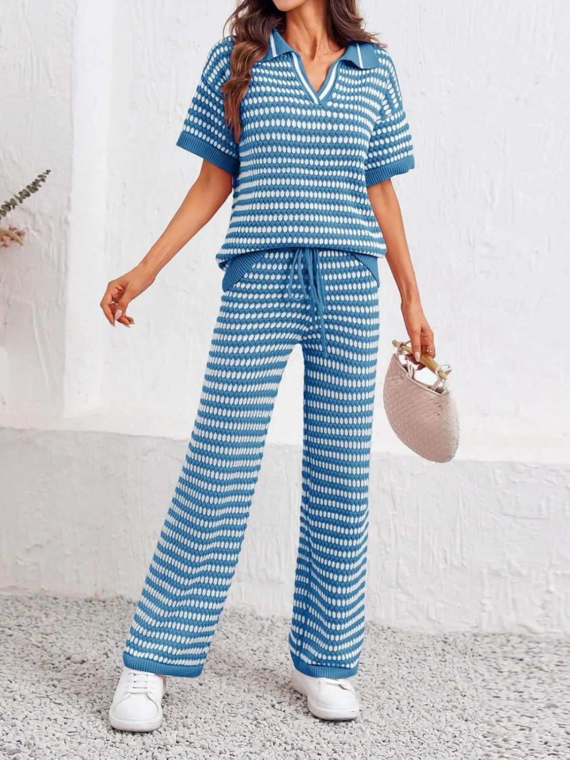 Imily Bela Womens 2 Piece Outfits Striped Short Sleeve Sweater Tops Knit Sets Wide Leg Pants Lounge Set