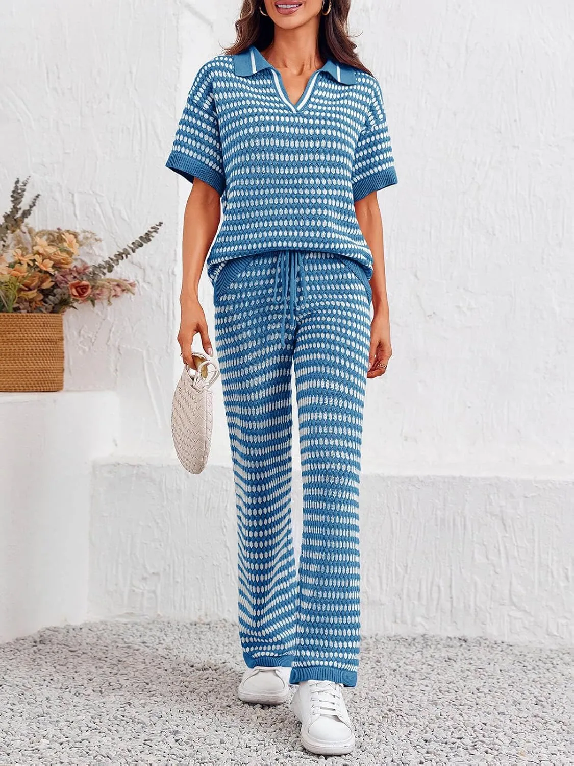 Imily Bela Womens 2 Piece Outfits Striped Short Sleeve Sweater Tops Knit Sets Wide Leg Pants Lounge Set
