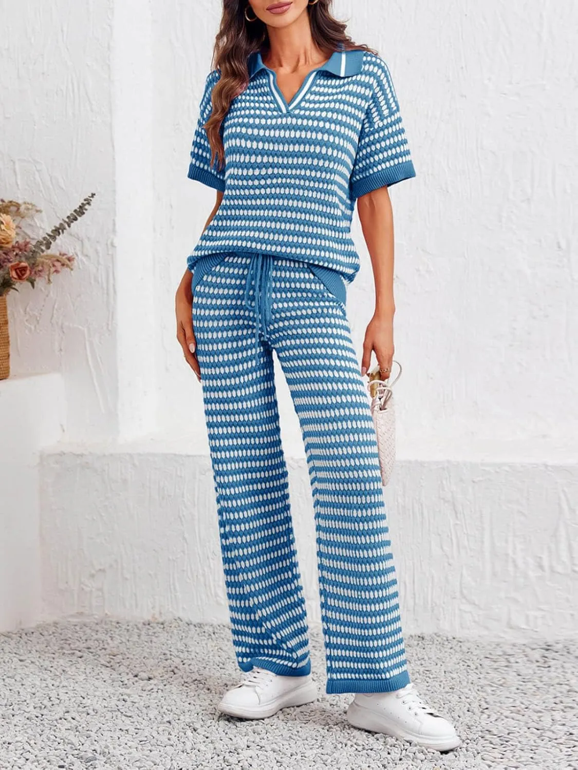 Imily Bela Womens 2 Piece Outfits Striped Short Sleeve Sweater Tops Knit Sets Wide Leg Pants Lounge Set