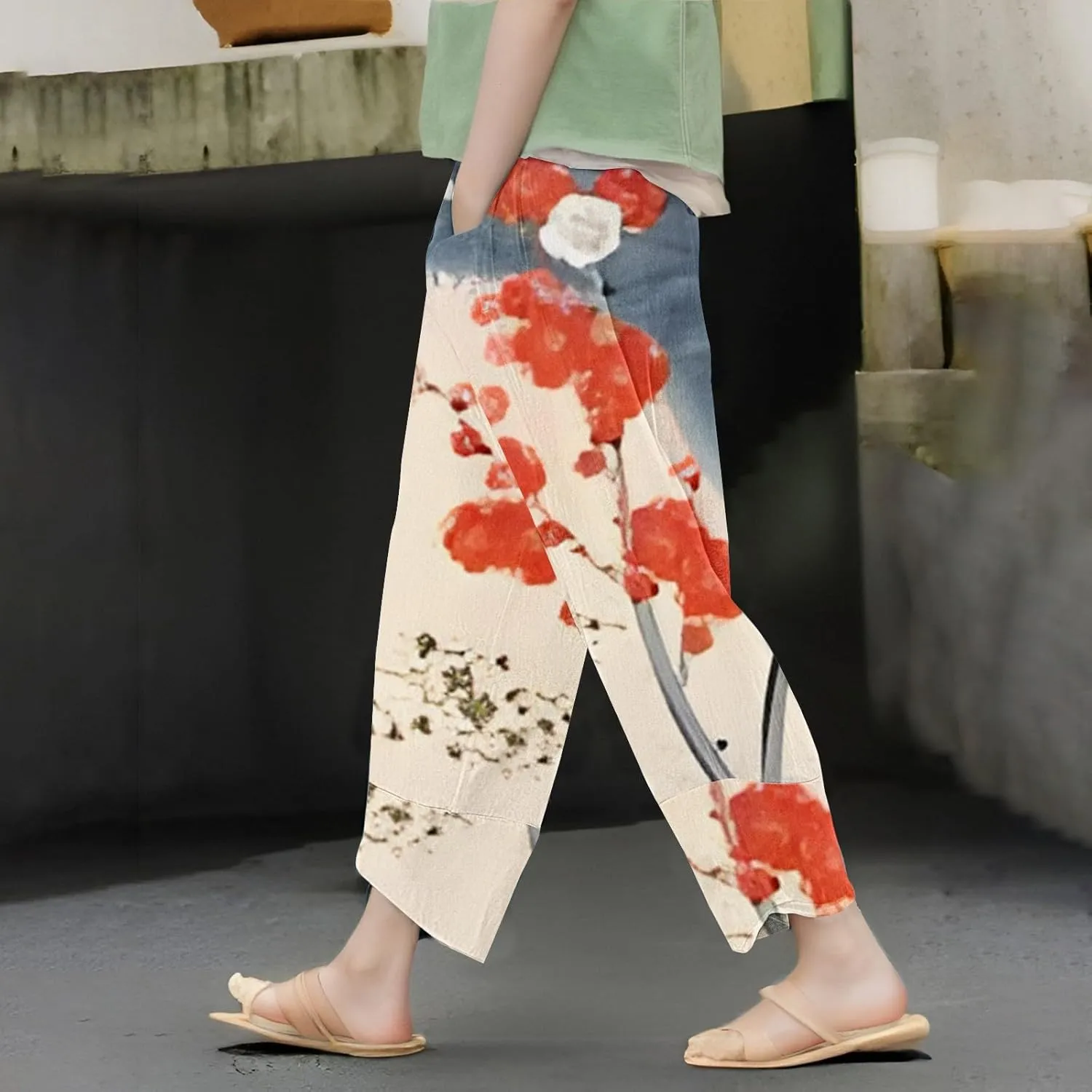 Japanese Wige Leg Pants for Women Artist Linen Pants Womens Pants Summer Baggy Cropped Trouser with