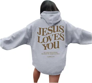 Jesus Loves You Christian Hoodies for Women Bible Verse Oversized Long Sleeve Y2K Drawstring Sweatshirts Comfy Pockets Tops