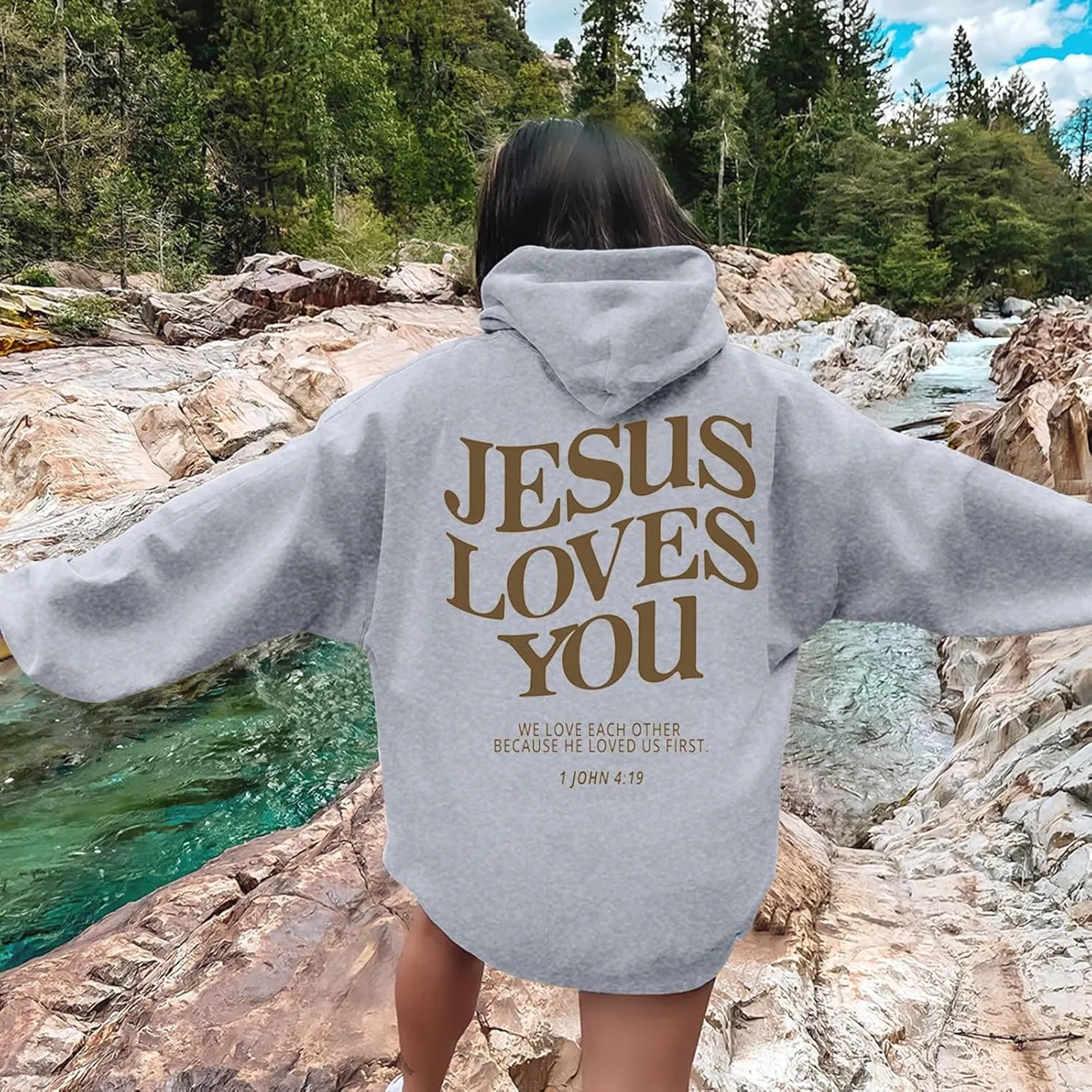 Jesus Loves You Christian Hoodies for Women Bible Verse Oversized Long Sleeve Y2K Drawstring Sweatshirts Comfy Pockets Tops