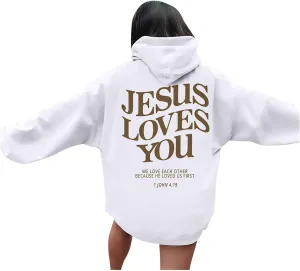 Jesus Loves You Christian Hoodies for Women Bible Verse Oversized Long Sleeve Y2K Drawstring Sweatshirts Comfy Pockets Tops