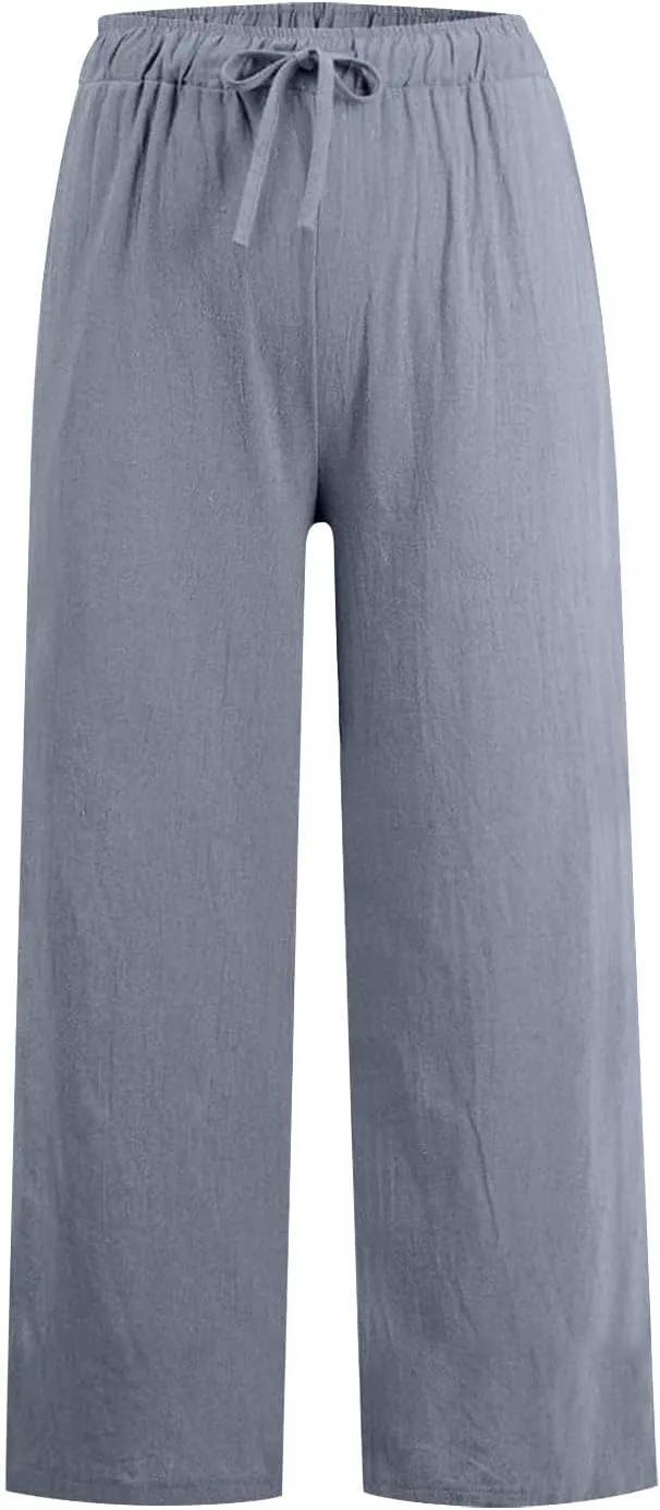 jovati Wide Leg Casual Pants for Womens Straight Leg High Waist Trousers Boho Cotton Linen Flowy Palazzo Pants