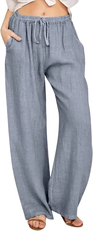 jovati Wide Leg Casual Pants for Womens Straight Leg High Waist Trousers Boho Cotton Linen Flowy Palazzo Pants