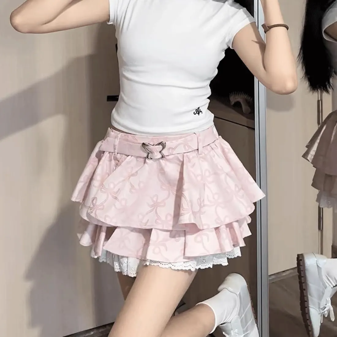 Kawaii Gothic Harajuku Lolita Casual A-Line Cute Butterfly Buckle Ruffle Lace Trim Pleated Tiered Short Skirt