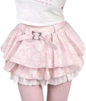 Kawaii Gothic Harajuku Lolita Casual A-Line Cute Butterfly Buckle Ruffle Lace Trim Pleated Tiered Short Skirt