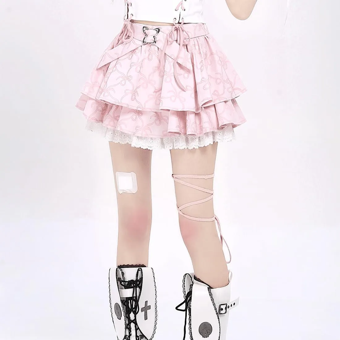 Kawaii Gothic Harajuku Lolita Casual A-Line Cute Butterfly Buckle Ruffle Lace Trim Pleated Tiered Short Skirt