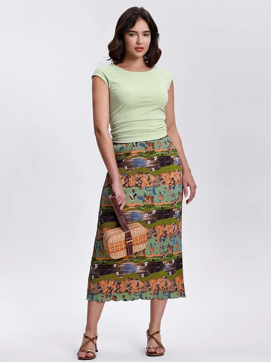 Kimmery Summer Casual Two Piece Skirt Set for Women Crew Neck Crop Tops Elastic Waist Midi Skirt Outfits
