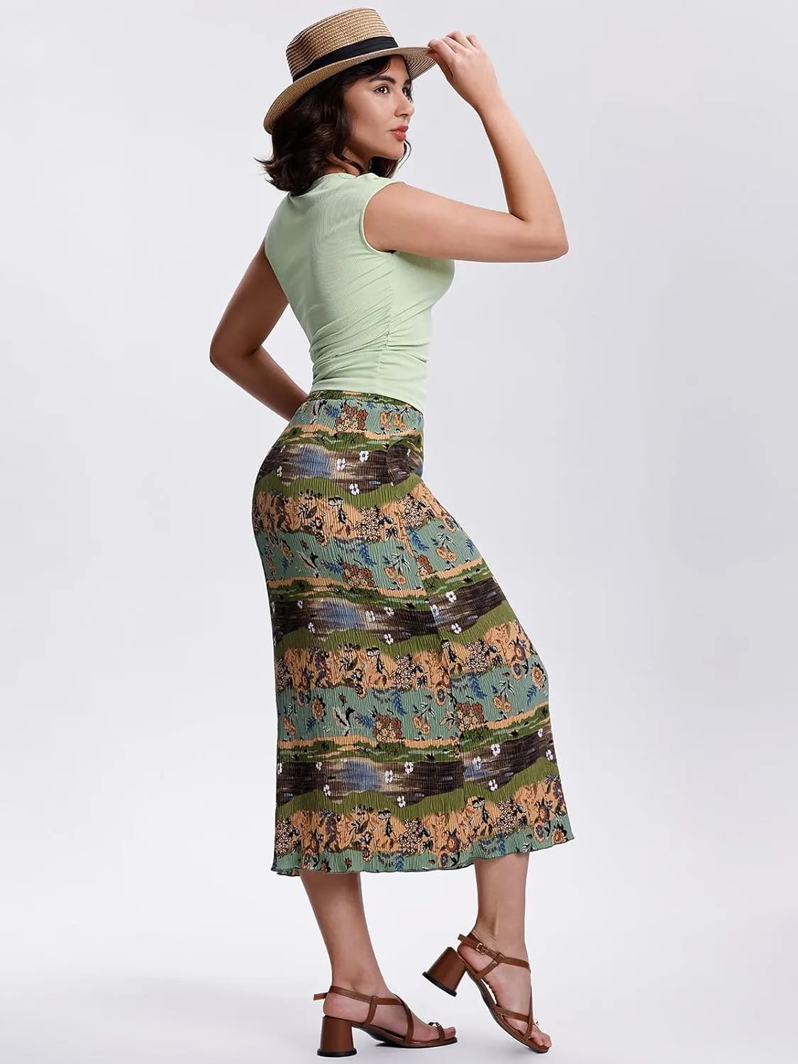 Kimmery Summer Casual Two Piece Skirt Set for Women Crew Neck Crop Tops Elastic Waist Midi Skirt Outfits