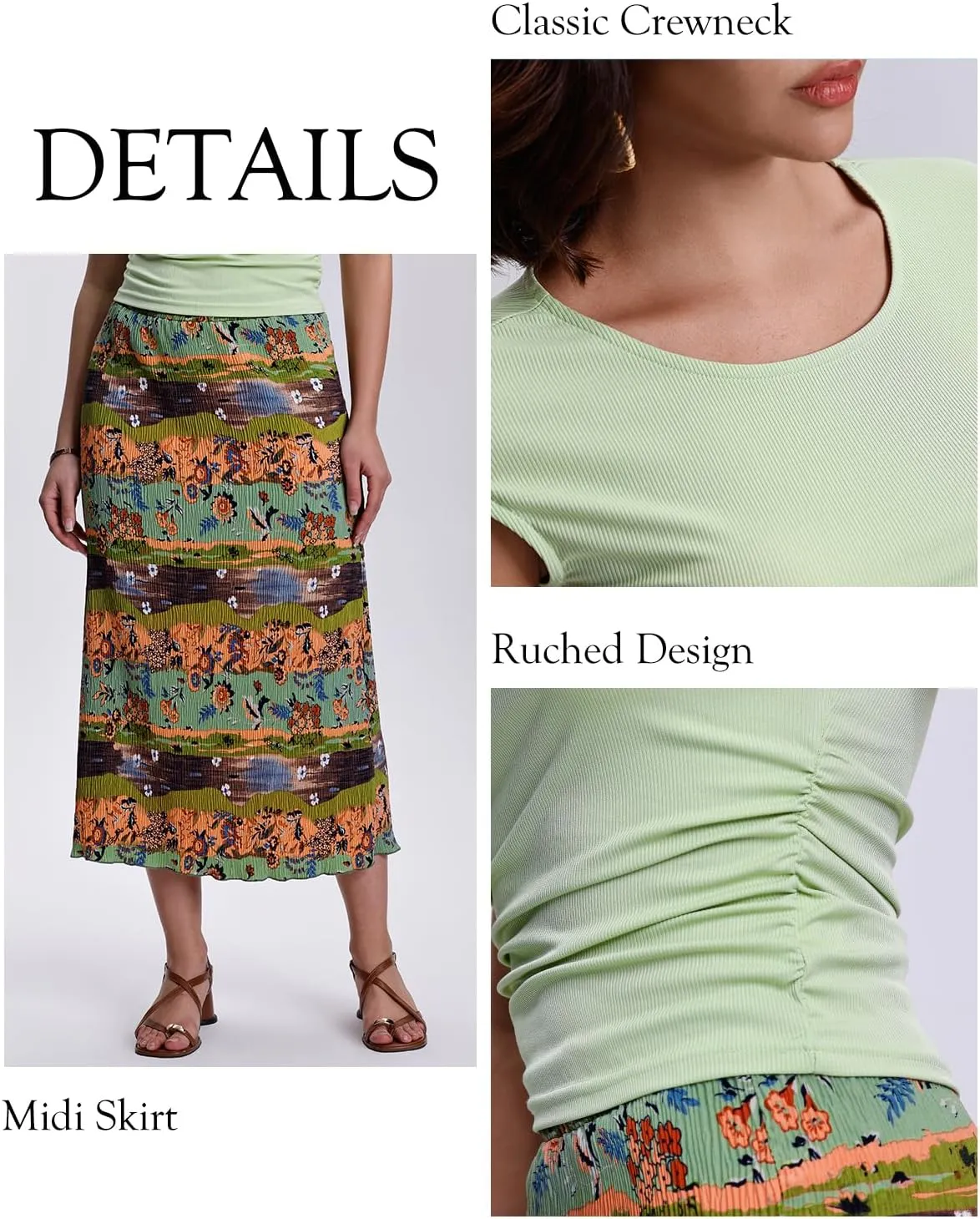 Kimmery Summer Casual Two Piece Skirt Set for Women Crew Neck Crop Tops Elastic Waist Midi Skirt Outfits