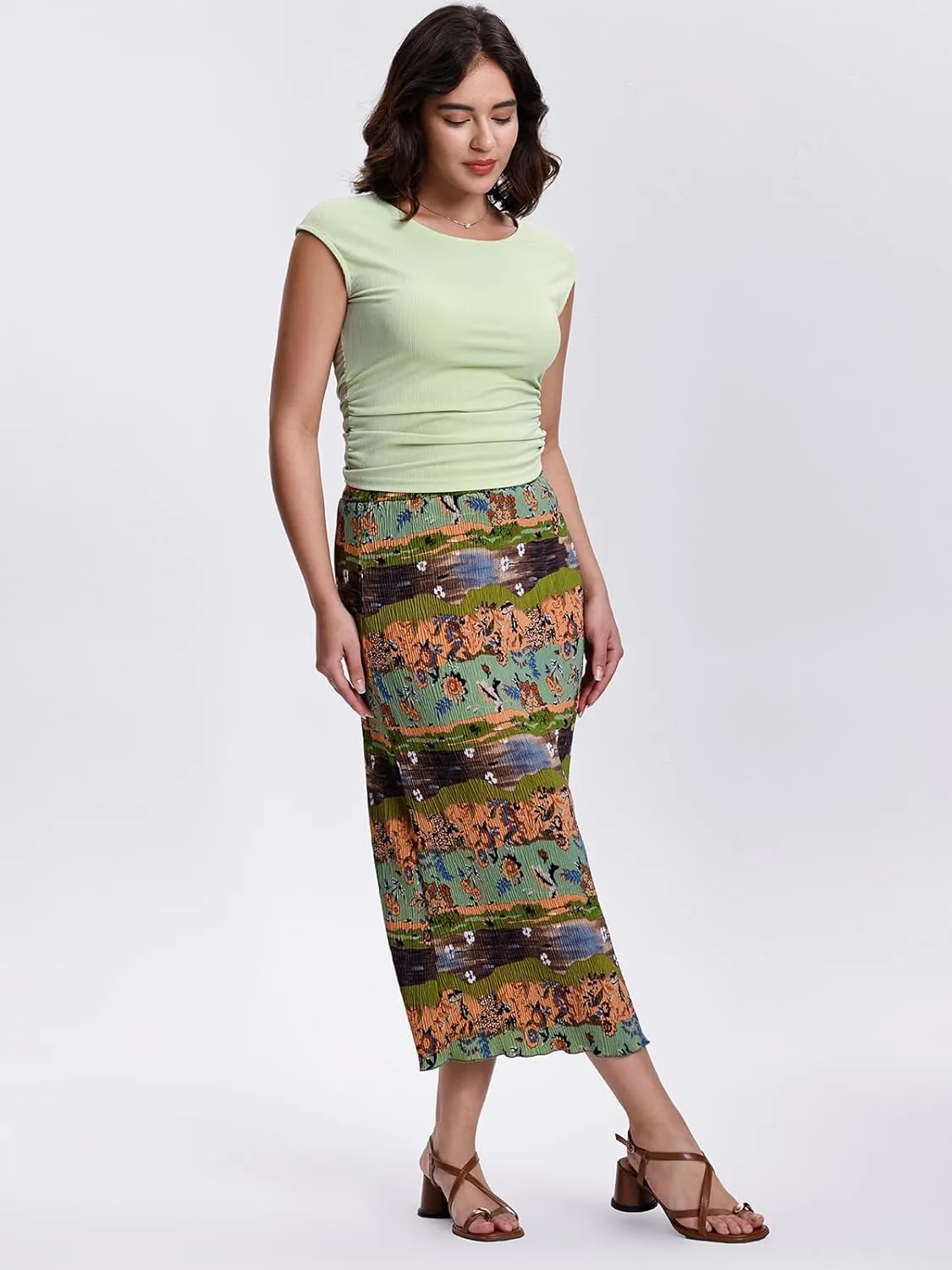 Kimmery Summer Casual Two Piece Skirt Set for Women Crew Neck Crop Tops Elastic Waist Midi Skirt Outfits