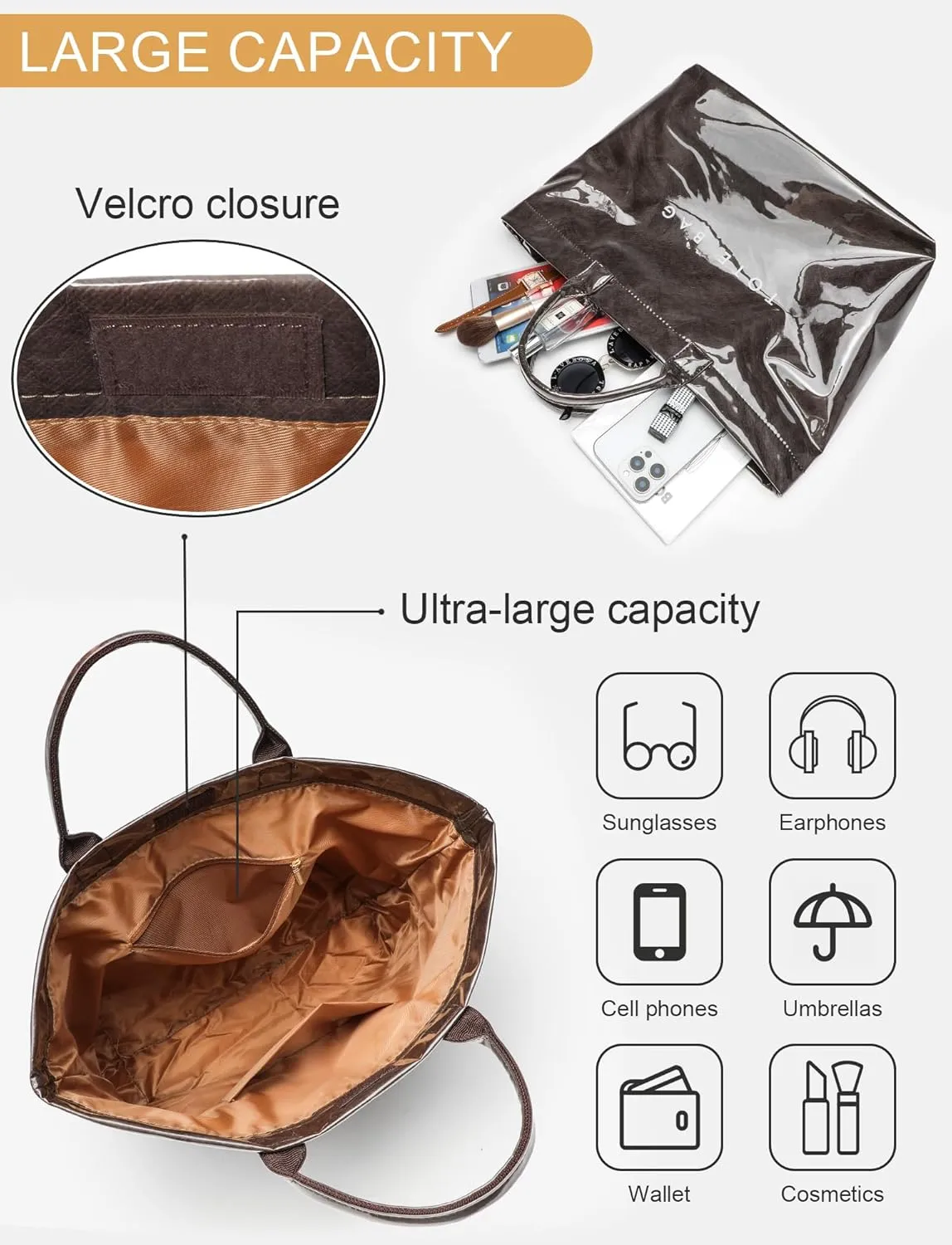 Large Tote Bag for Women Clear Plastic Shopper Bag PVC Hobo Handbag with Letter Print Work Bag