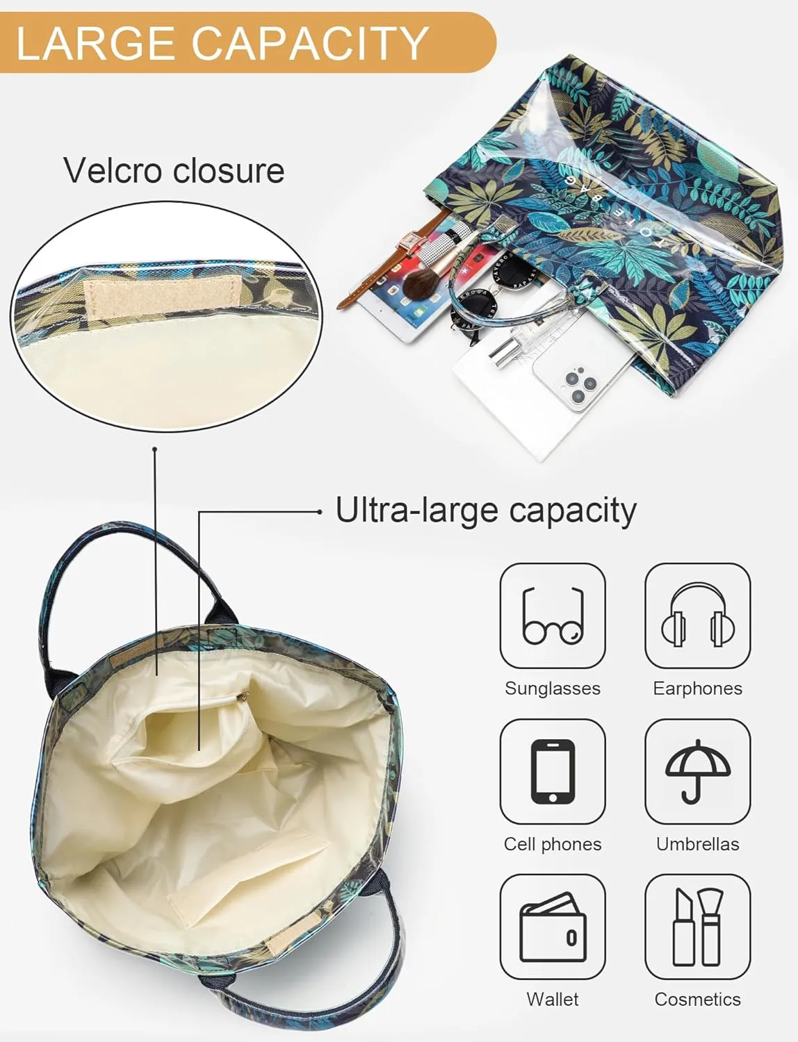Large Tote Bag for Women Clear Plastic Shopper Bag PVC Hobo Handbag with Letter Print Work Bag