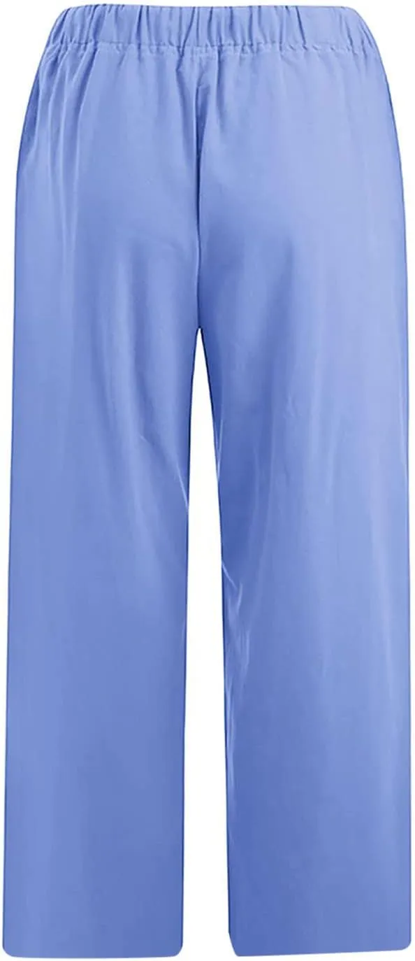 Linen Capri Pants for Women 2025 Casual Summer Pants Drawstring Elastic High Waist Capris Wide Leg Cropped Trousers