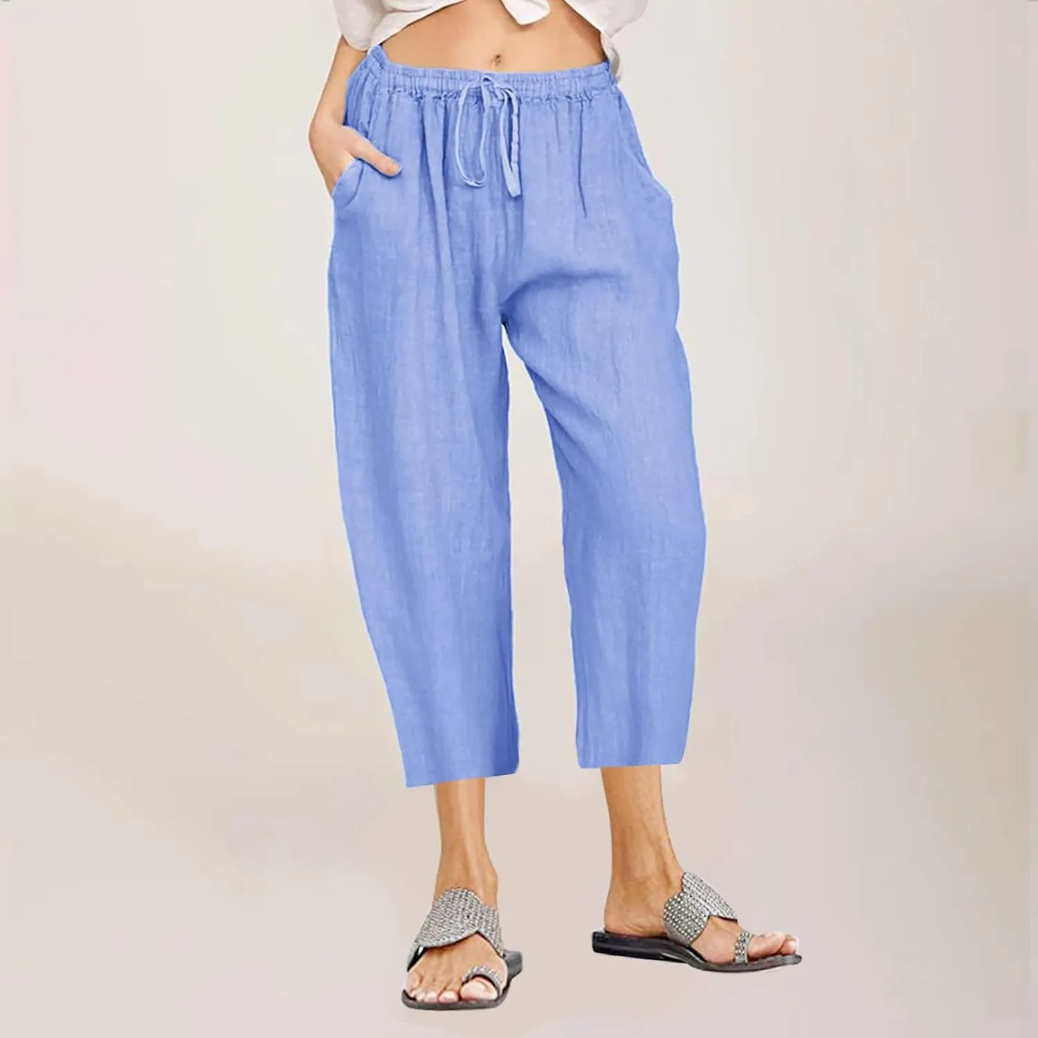 Linen Capri Pants for Women 2025 Casual Summer Pants Drawstring Elastic High Waist Capris Wide Leg Cropped Trousers