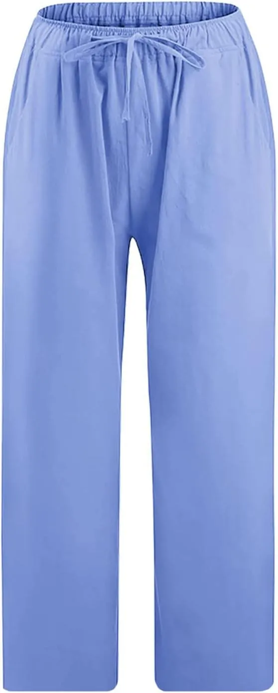 Linen Capri Pants for Women 2025 Casual Summer Pants Drawstring Elastic High Waist Capris Wide Leg Cropped Trousers