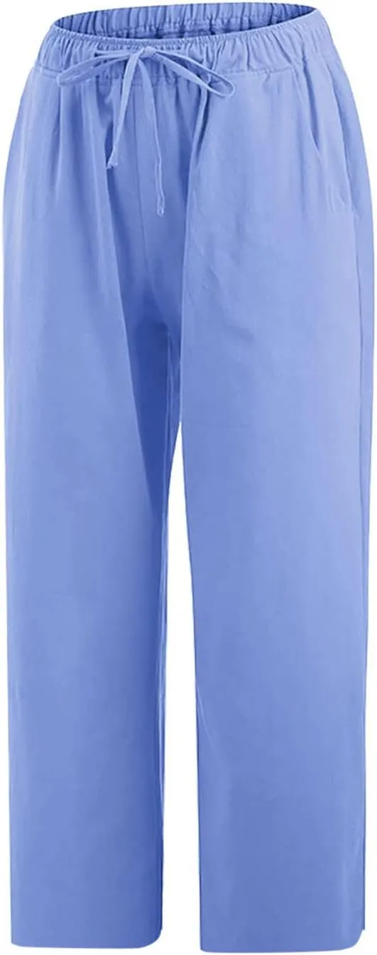 Linen Capri Pants for Women 2025 Casual Summer Pants Drawstring Elastic High Waist Capris Wide Leg Cropped Trousers