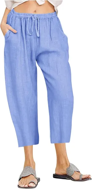 Linen Capri Pants for Women 2025 Casual Summer Pants Drawstring Elastic High Waist Capris Wide Leg Cropped Trousers