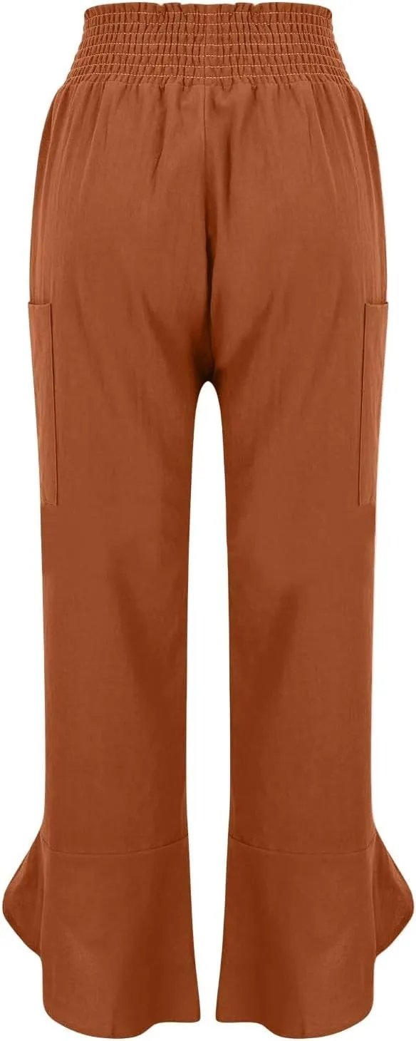 Linen Capri Pants for Women Casual Summer Elastic Waist Cropped Pants Loose Ankle Length Palazzo Trousers with Pockets
