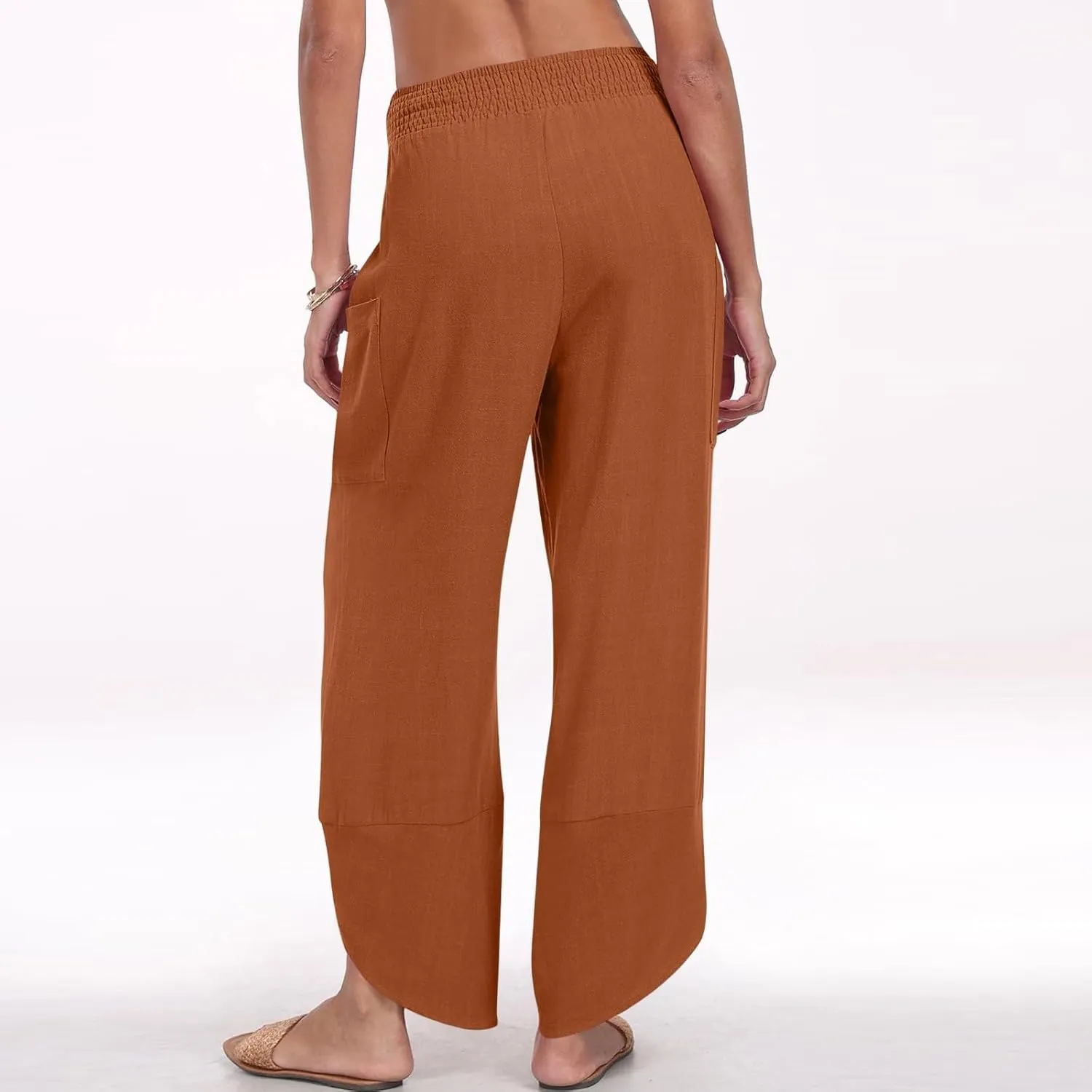 Linen Capri Pants for Women Casual Summer Elastic Waist Cropped Pants Loose Ankle Length Palazzo Trousers with Pockets