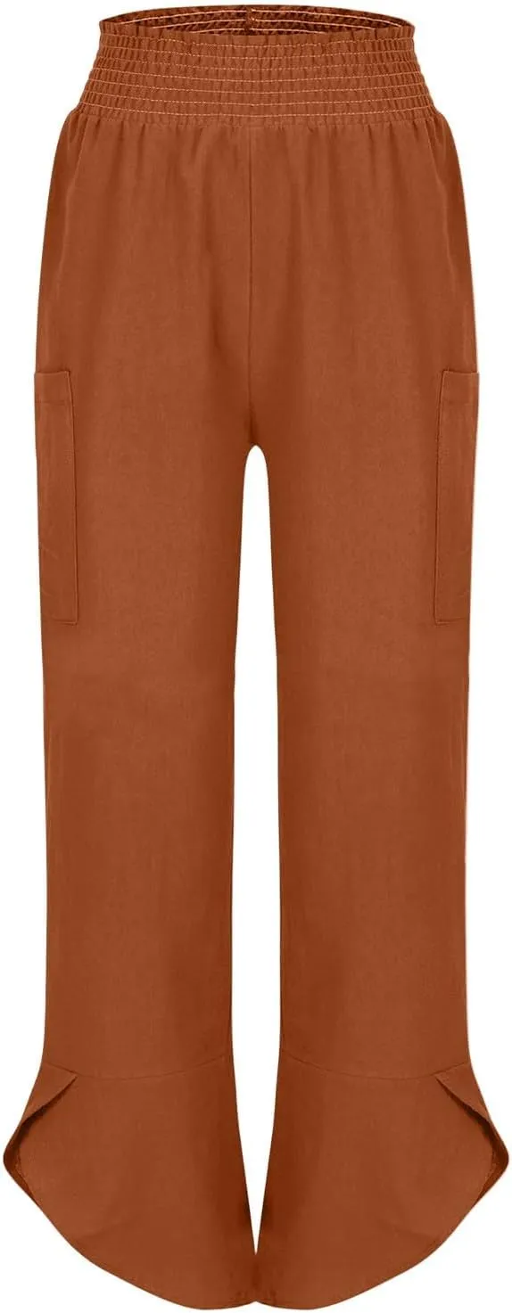 Linen Capri Pants for Women Casual Summer Elastic Waist Cropped Pants Loose Ankle Length Palazzo Trousers with Pockets