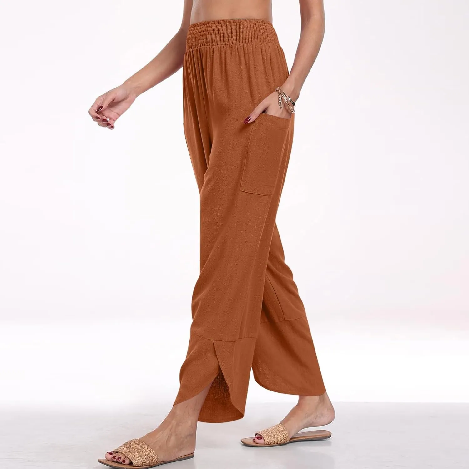 Linen Capri Pants for Women Casual Summer Elastic Waist Cropped Pants Loose Ankle Length Palazzo Trousers with Pockets