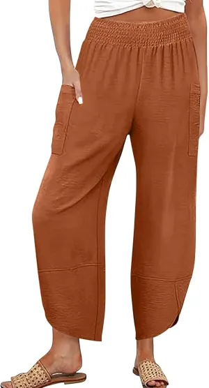 Linen Capri Pants for Women Casual Summer Elastic Waist Cropped Pants Loose Ankle Length Palazzo Trousers with Pockets