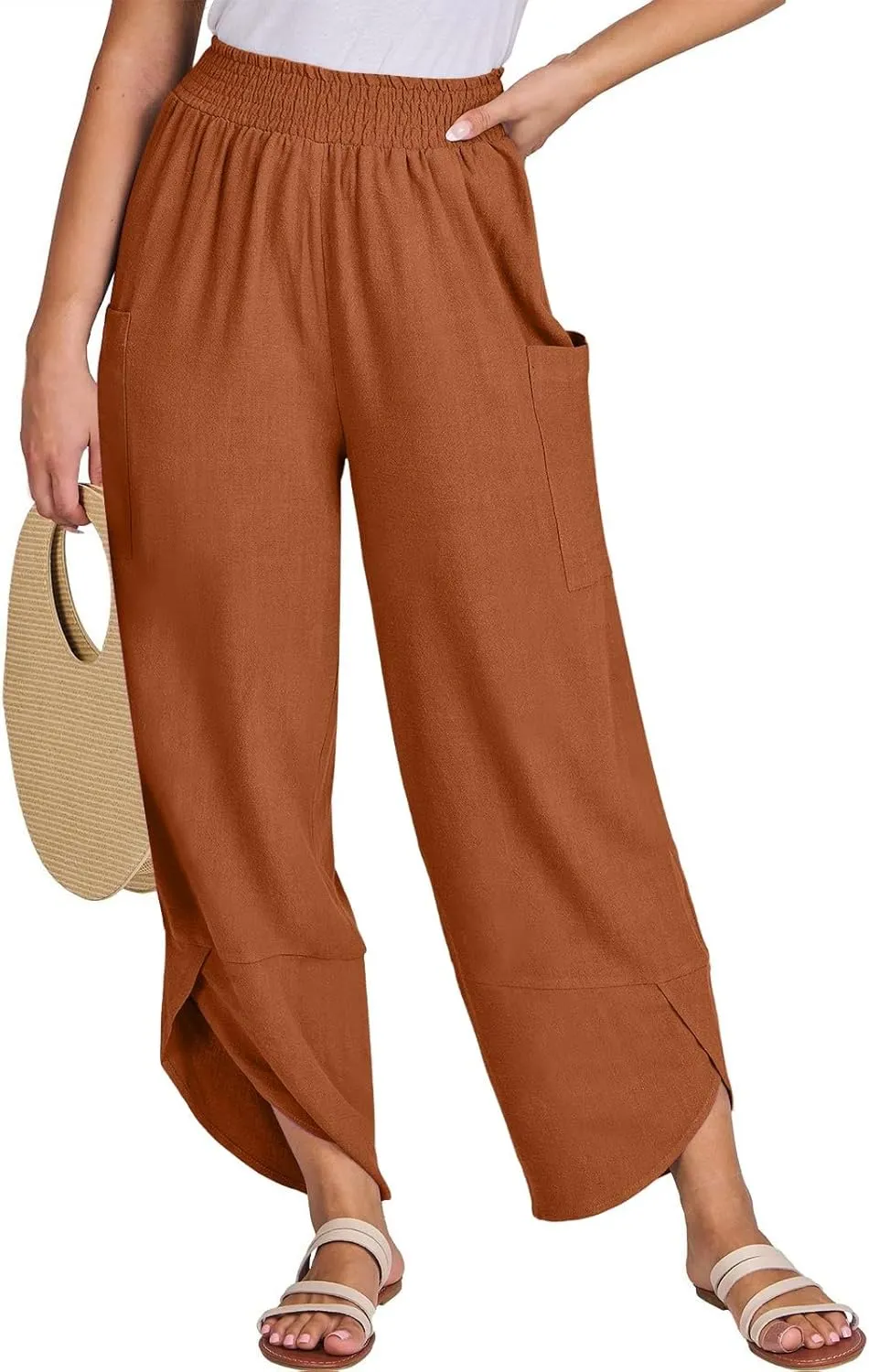 Linen Capri Pants for Women Casual Summer Elastic Waist Cropped Pants Loose Ankle Length Palazzo Trousers with Pockets