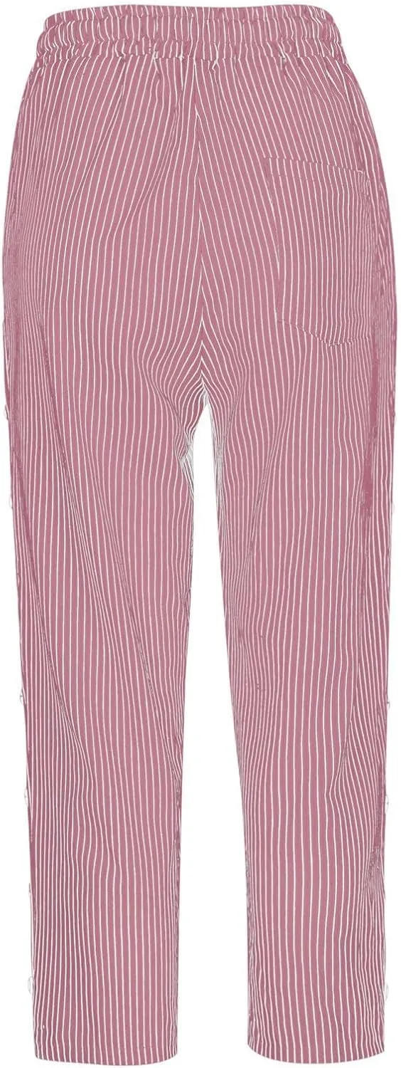 Linen Capri Pants for Women Casual Summer Lightweight Capris High Waist Drawstring Cropped Pants Side Button Trousers