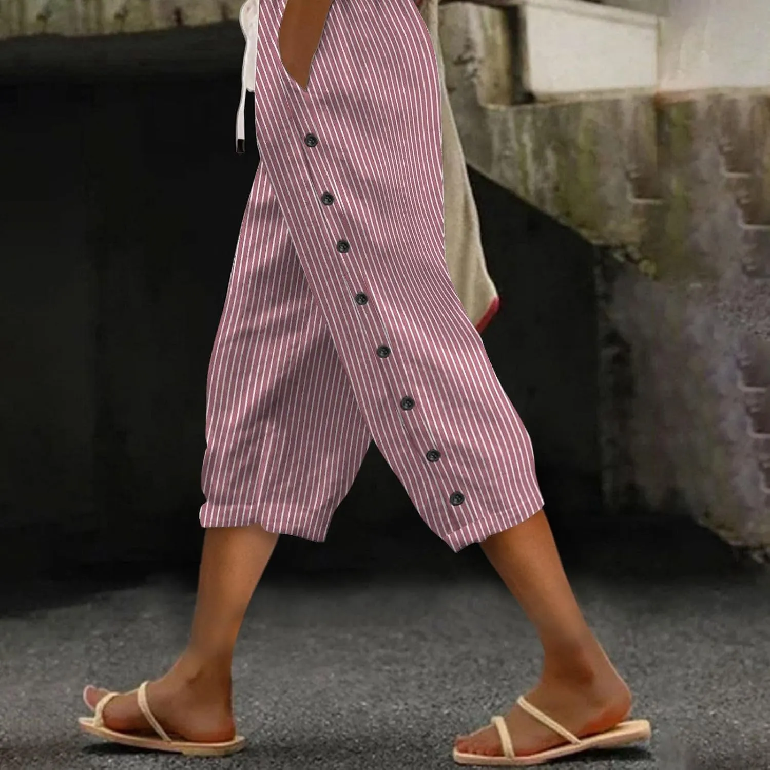 Linen Capri Pants for Women Casual Summer Lightweight Capris High Waist Drawstring Cropped Pants Side Button Trousers