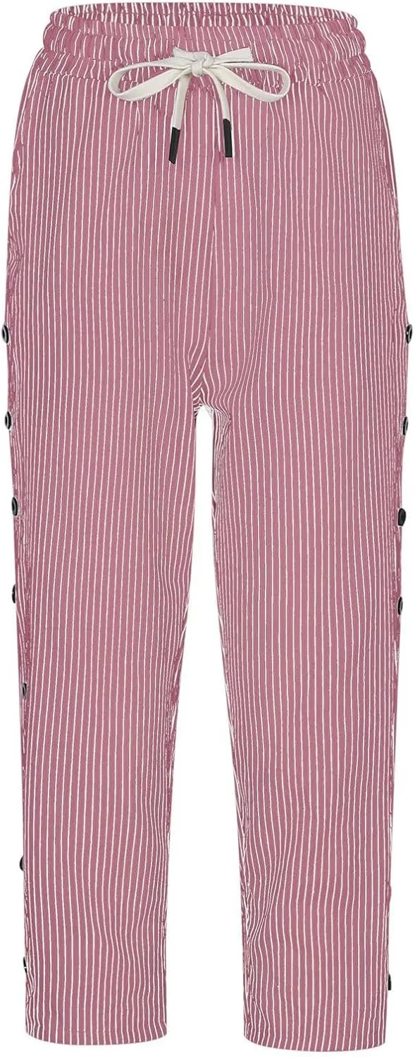 Linen Capri Pants for Women Casual Summer Lightweight Capris High Waist Drawstring Cropped Pants Side Button Trousers