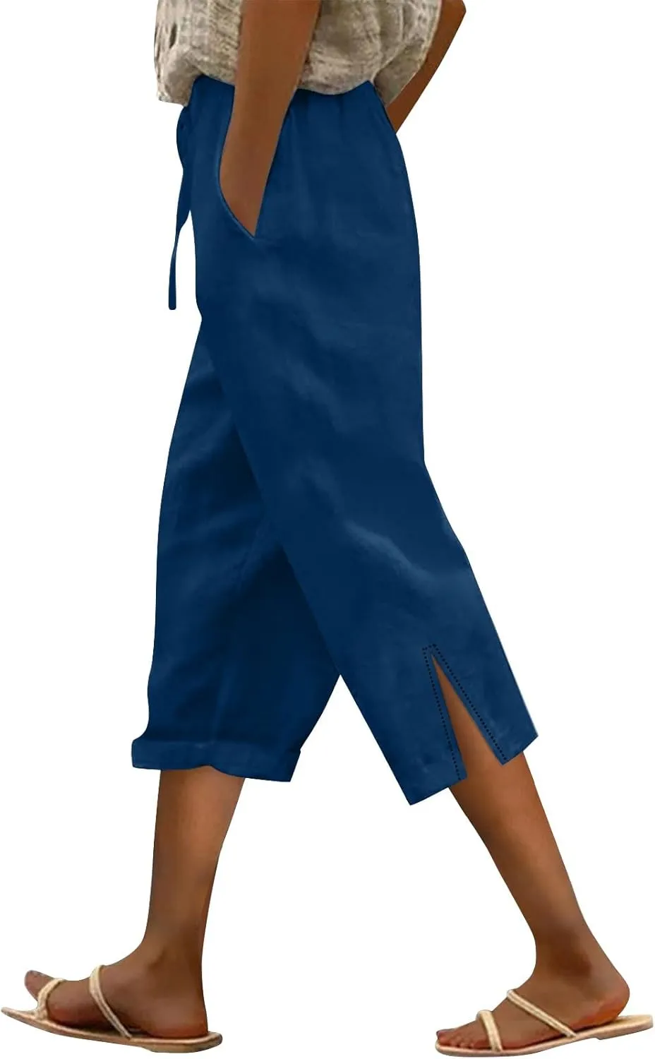 Linen Capri Pants for Women Drawstring Elastic Waist Shorts Lightweight Summer Pants Beach Capri Pants with Pockets