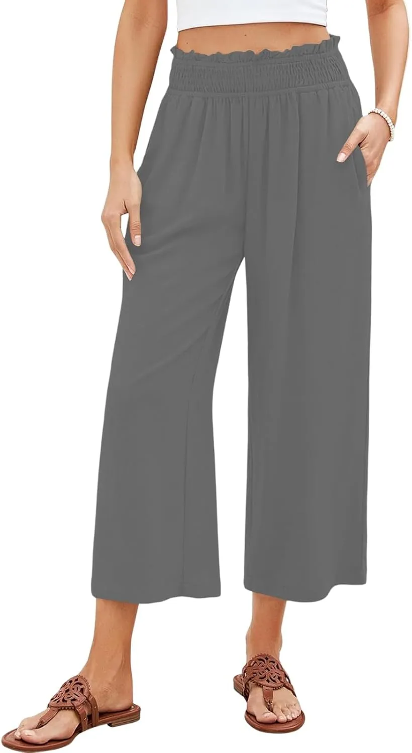 Linen Capri Pants for Women Smocked Elastic Waist Cropped Palazzo Trouser Casual Summer Flowy Beach Pants with Pockets