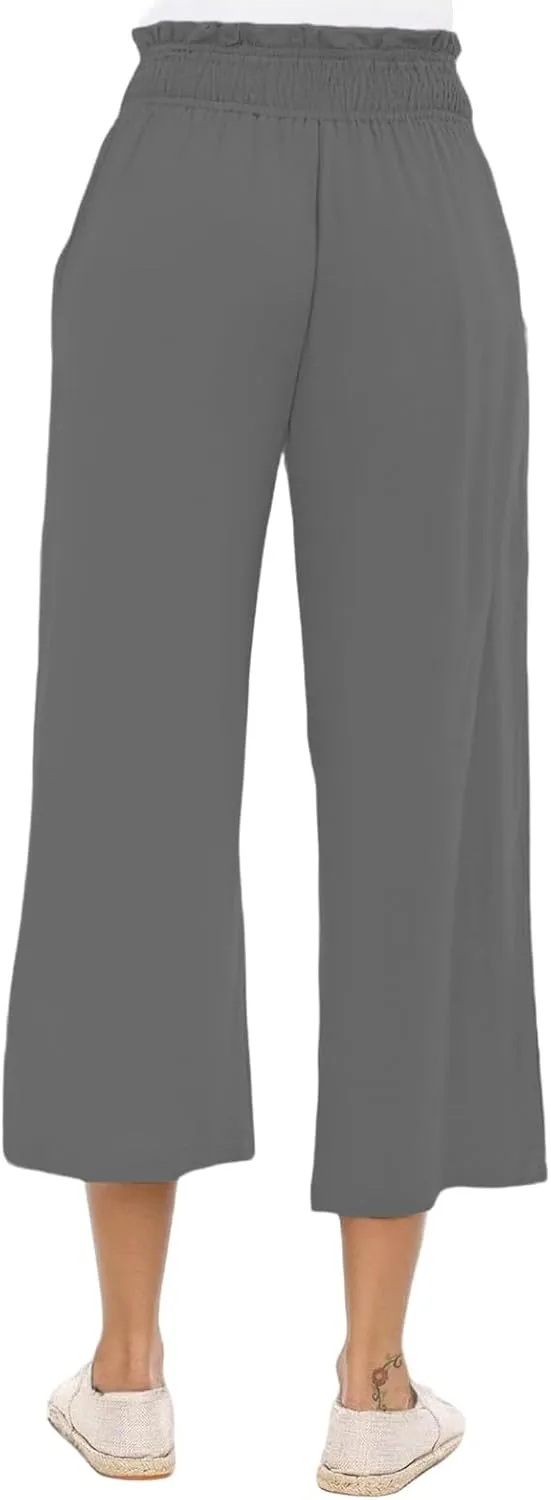 Linen Capri Pants for Women Smocked Elastic Waist Cropped Palazzo Trouser Casual Summer Flowy Beach Pants with Pockets