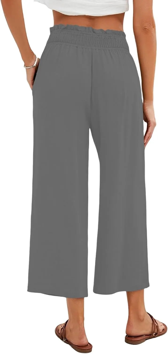 Linen Capri Pants for Women Smocked Elastic Waist Cropped Palazzo Trouser Casual Summer Flowy Beach Pants with Pockets
