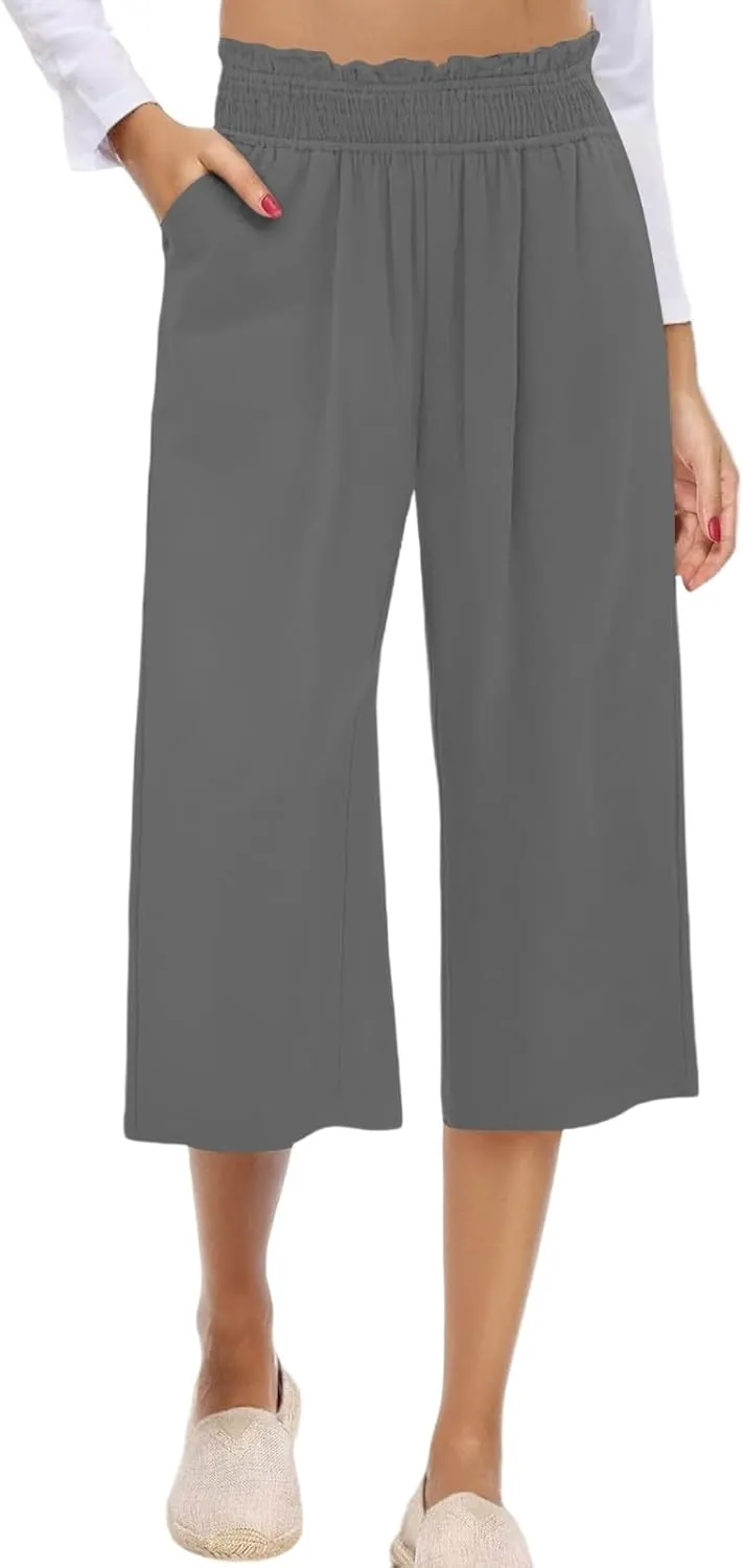 Linen Capri Pants for Women Smocked Elastic Waist Cropped Palazzo Trouser Casual Summer Flowy Beach Pants with Pockets