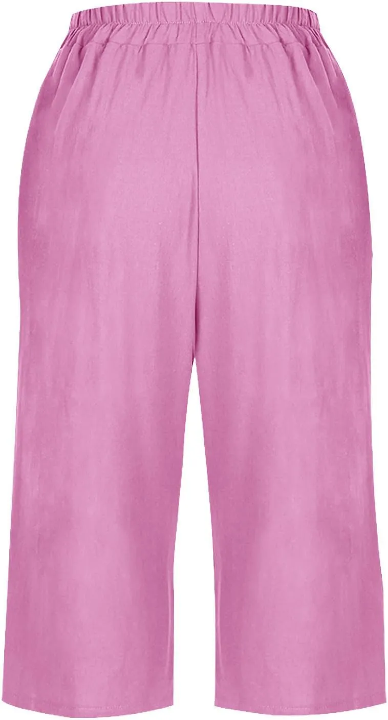 Linen Capri Pants for Women Wide Leg Elastic Waist Lounge Capris Baggy Lightweight Casual Summer Cropped Trouser 2025